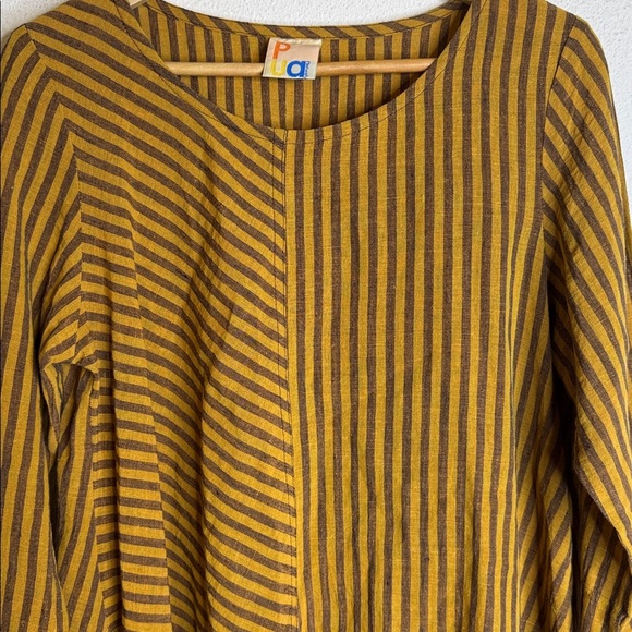 PUA Naturally Striped Mustard and Brown Long 20 Inch Sleeve blouse large NWOT - Picture 2 of 5